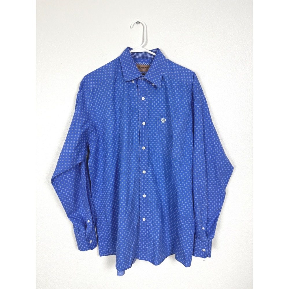 Ariat Button Down Shirt Mens Large Blue Wrinkle Free Geometric Print Long Sleeve